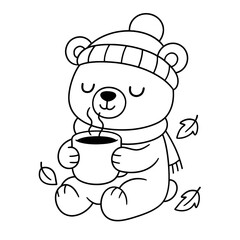 Cute bear wearing a hat and scarf holding a hot drink with falling leaves outline art