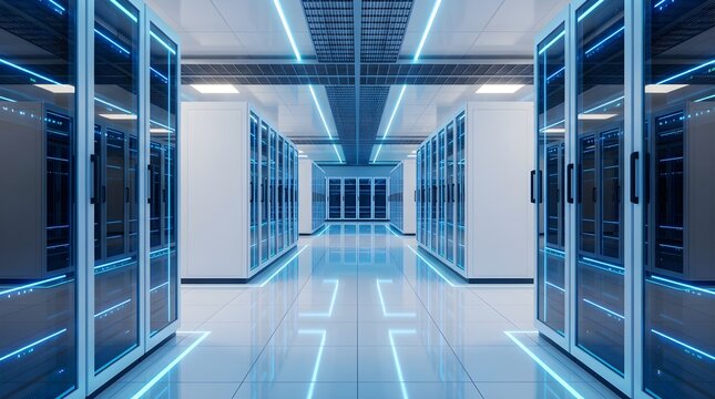 Futuristic Data Center with Glowing Server Racks - Powered by Adobe