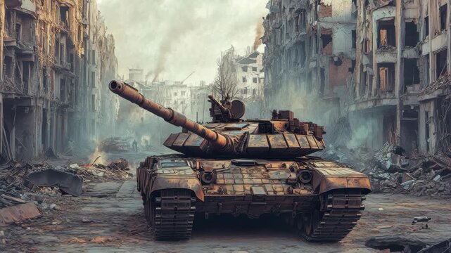 Tank advances through a desolate cityscape marked by destruction and chaos, tank in the middle of ruined city warfare ing video background illustration