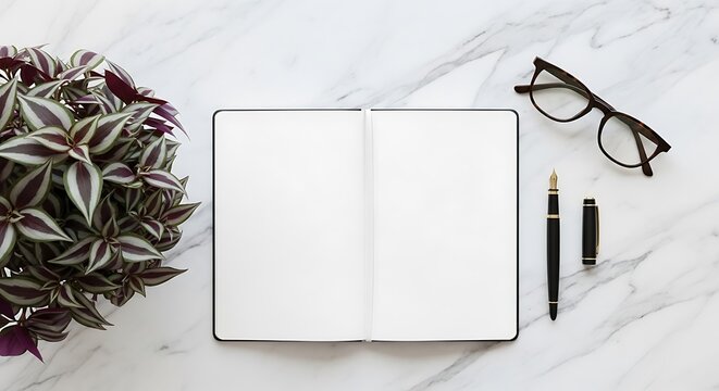 Top view of an open blank notebook with a pen, eyeglasses, and a potted plant on an elegant white marble desk - Powered by Adobe