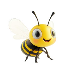 A cheerful cartoon bee with bright yellow body, black stripes, and endearing eyes, isolated on transparent background, radiating happiness and charm