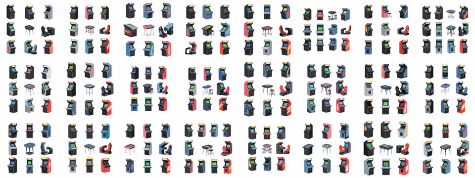 Isometric vector illustration pattern of diverse retro arcade game cabinets, simulators, and cocktail tables for gaming, entertainment, and nostalgia.
