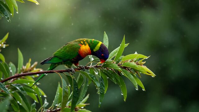 A vibrant rainbow lorikeet perches on a rain-drenched leafy branch in a lush rainforest scene, capturing the beauty of jungle wildlife amidst a rainfall.