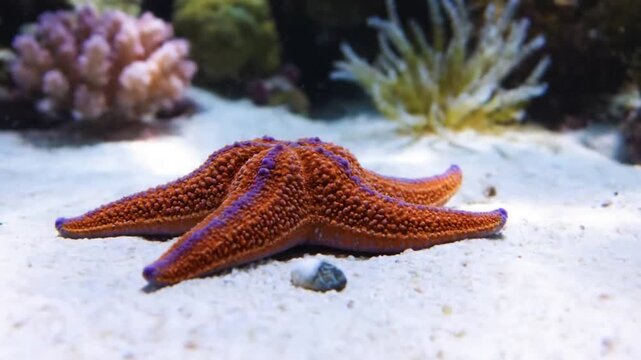 Abstract perspective of starfish shapes and patterns against a softly blurred, sun dappled ocean background, emphasizing natural beauty and organic forms.