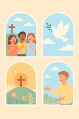 Christian panel showing Jesus walking on water, baptism, and calling disciples in soft pastel colors.