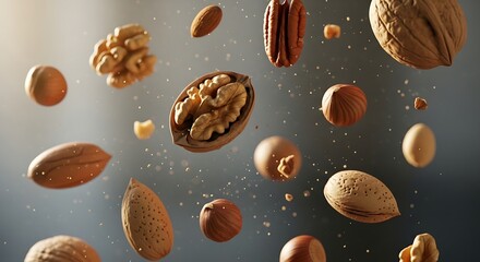 Fototapeta premium Diverse Healthy Nut Assortment Dynamically Falling and Floating in a Vibrant Studio Shot for Nutrition