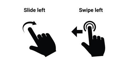 Illustrative hand gestures indicating swipe and slide left actions on a screen