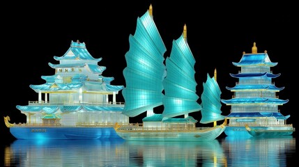 Colorful illuminated traditional ships with bright sails at night