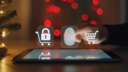 Finger taps tablet showing shopping and security icons near Christmas tree - Powered by Adobe