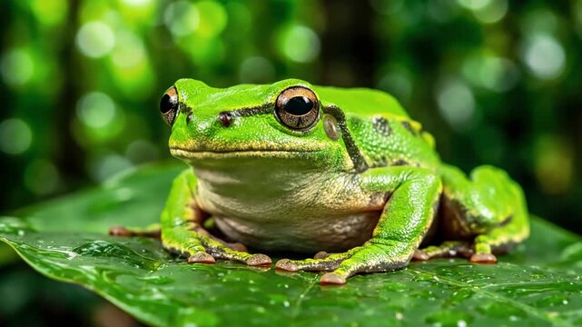 Captivating emergence of a juvenile froglet from the water's surface onto a lily pad, symbolizing growth and the transition from aquatic to terrestrial life.