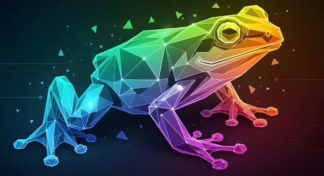 Bright neon frog silhouette illuminated with bold multicolor gradient light