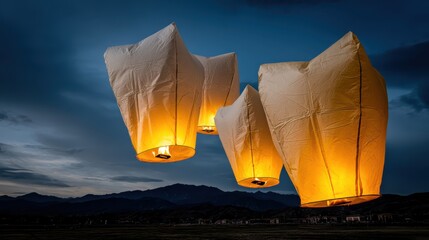 Obraz premium Floating Lanterns Illuminating Night Sky Over Mountains at Dusk