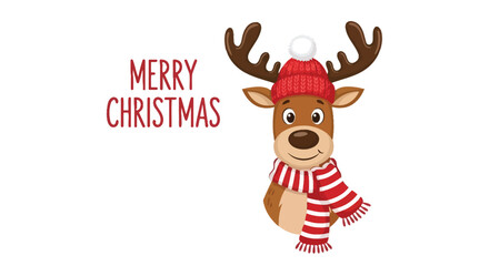 Reindeer character wearing a red knitted hat and striped scarf wishing Merry Christmas