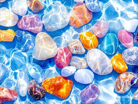 A vibrant collection of smooth, colorful stones rests at the bottom of clear blue water, with sunlight creating shimmering patterns on their surfaces.