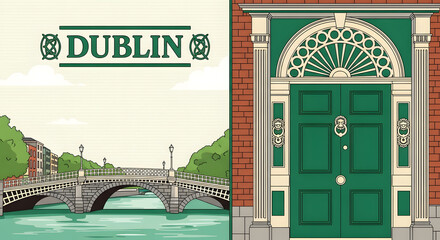 Dublin Landmark: Halfpenny Bridge and Georgian Door Illustration