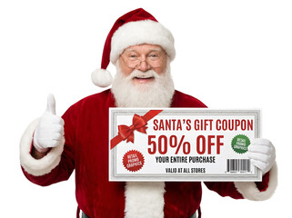 4K Santa Claus giving a thumbs up while holding a gift coupon