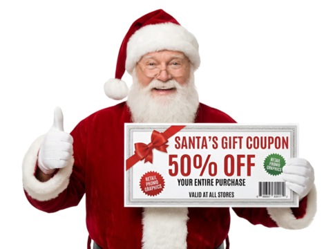 4K Santa Claus giving a thumbs up while holding a gift coupon