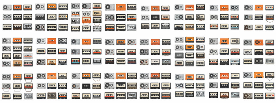 Massive collection of vintage compact audio cassette tapes, showcasing various retro designs, colors, and 80s/90s nostalgia on a white background. - Powered by Adobe