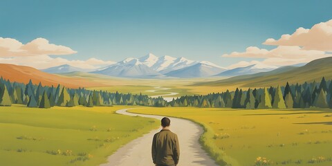 A man walks alone on a path towards a beautiful mountain landscape view