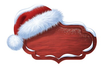 A red wooden sign displaying snow is covered by a Santa Claus hat against white