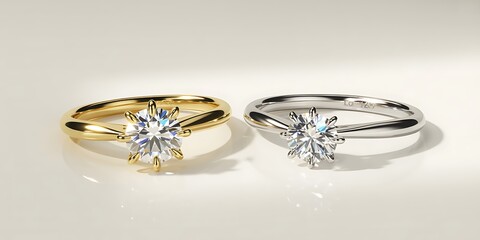 A shimmering diamond crowns each ring, one in gold, one silver, both reflecting luxury