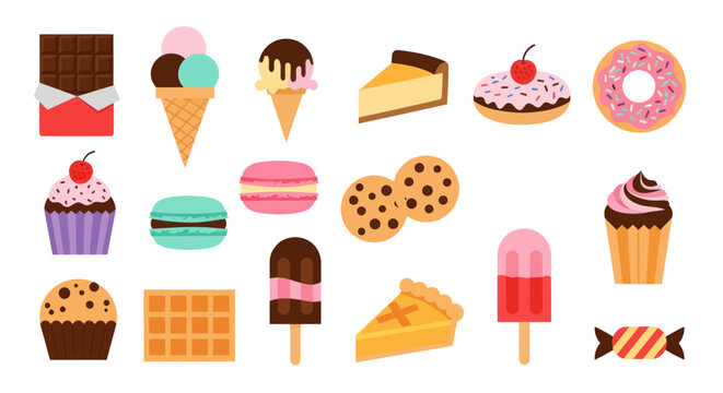 Assorted colorful desserts and sweet treats on white background vector illustration