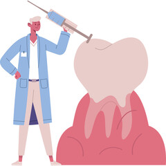 Male Dentist In Light Blue Lab Coat Holding Syringe Preparing To Treat Large Diseased Tooth With Pink Gums And White Background