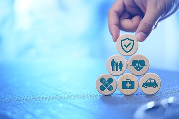 An ethnic hand carefully adds the shield icon atop other blue icons for health care