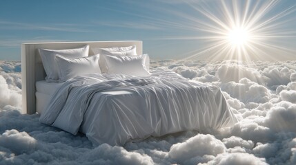 Dreamy bed floating in clouds at sunrise surreal imagery tranquil environment fantasy concept