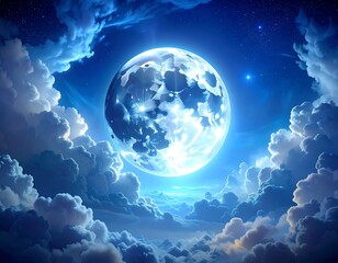 Illuminated celestial body in a bright sky, surrounded by fluffy clouds