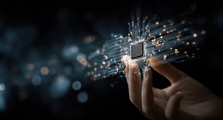 A hand holds a modern computer processor with fiber optic cables suggesting advanced technology and connectivity.