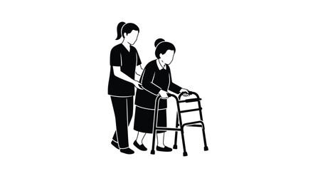 A caregiver assisting an elderly woman with a walking aid