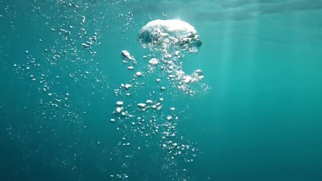 Artistic rendition of a dense cloud of microscopic bubbles, creating a shimmering, ethereal visual effect that evokes mystery and natural wonder in an aquatic setting.