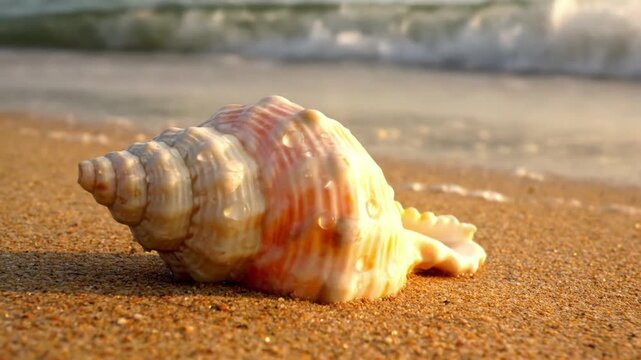 Underwater shot of a gastropod shell partially buried in fine ocean sand, with small aquatic particles drifting around its ancient, calcified structure.