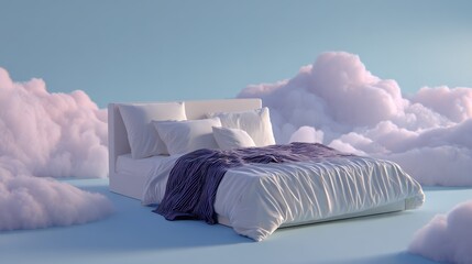 Dreamy cloud bed scene stylized bedroom 3d render soft colors floating view relaxation concept