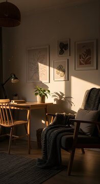Cozy Minimalist Living Space with Warm Afternoon Sunlight