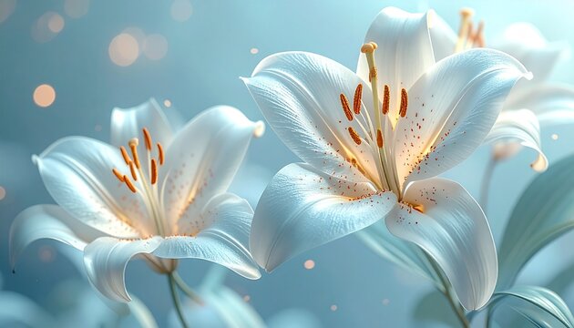 D&iacute;a de la Inmaculada: White Lily Flowers on Soft Blue Background with Golden Highlights, Purity and Devotion Theme.