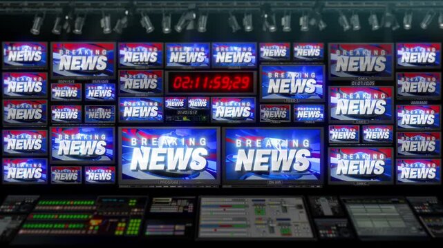 Breaking News Broadcast Control Room Wall with Multiple Screens 4K Loop