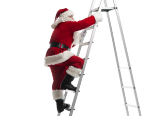 Back view of Santa Claus climbing a ladder