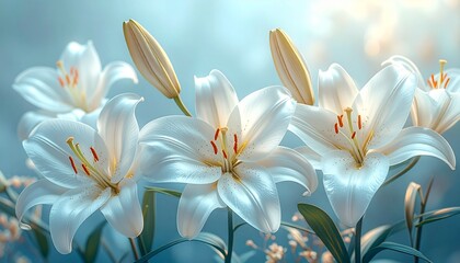 Fototapeta premium Día de la Inmaculada: Elegant White Lilies and Bud with Divine Blue Background, Golden Bokeh and Copy Space.
