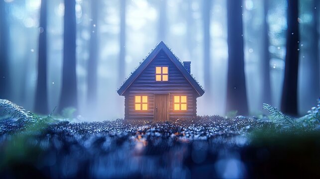 A small, rustic log cabin sits in a serene, misty forest at night, with warm light emanating from its windows, creating a sense of peace and solitude.