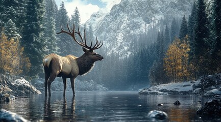 Majestic elk stands in a serene winter landscape.