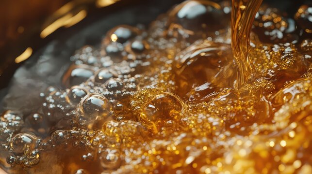 Sugar being caramelized in a copper pot, transforming from clear liquid to a deep amber, with swirling patterns, capturing the precise moment before it burns, culinary science, hyperrealistic 