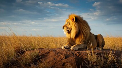 A peaceful lion lounging on rocks in vast grasslands with a dramatic sky, capturing wild nature and majestic animal serenity in a natural setting.
