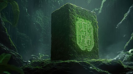 Technology as an artifact: an ancient, overgrown stone monolith covered in moss, but with intricate, glowing alien circuitry embedded in its surface, cinematic, mysterious, dramatic light. 