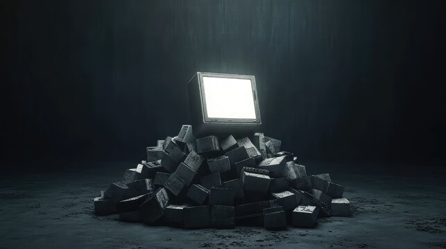 Technological obsolescence, a pile of dusty and corroded vintage computers and electronics in a dark, abandoned warehouse, with a single, new, glowing device placed on top, high contrast, moody.