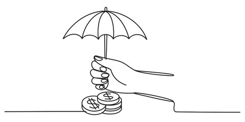 Continuous line drawing of a human hand holding an open umbrella providing shelter to a stack of dollar coins, symbolizing financial security.