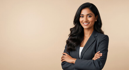 An elegant Indian businesswoman in a grey blazer stands confidently with her arms crossed against a soft beige background