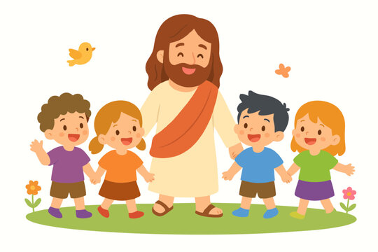 
&ldquo;Flat Illustration of Jesus Walking Happily with Children&rdquo;