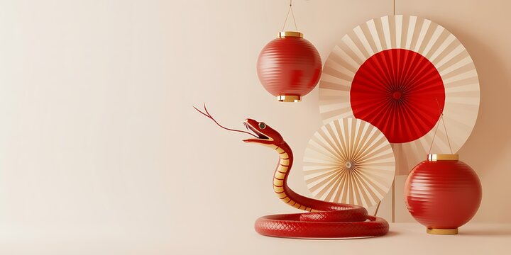 Red coiled snake with tongue outstretched rests near paper fans and lanterns